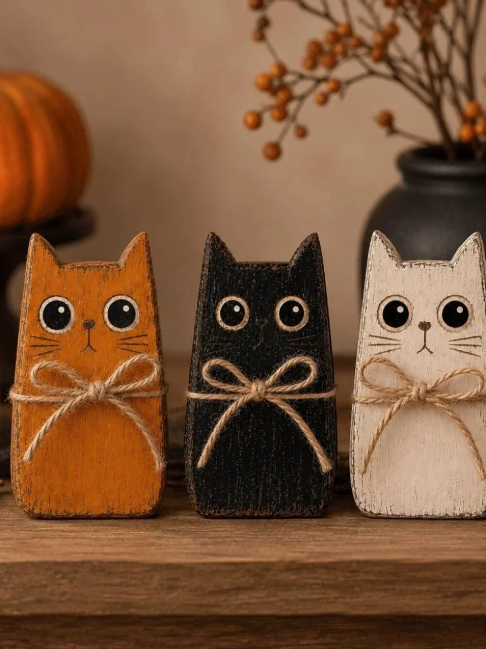 2D Wooden Cat Blocks Set, 3ps Halloween Wooden Rustic Shelf Sitter